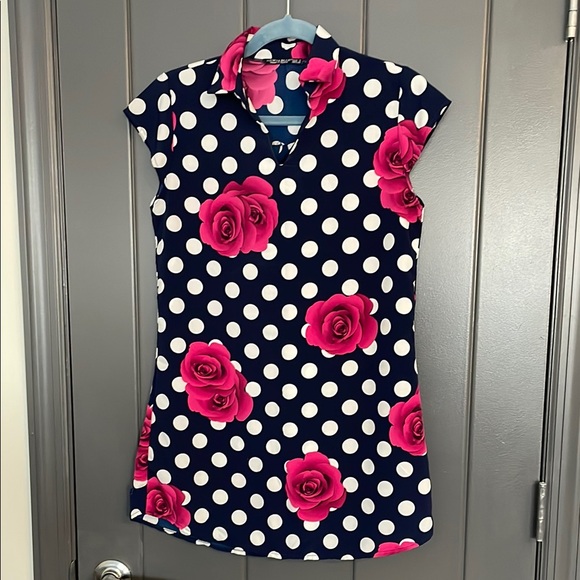 Tops - Navy Polka Dot and Pink Rose Blouse